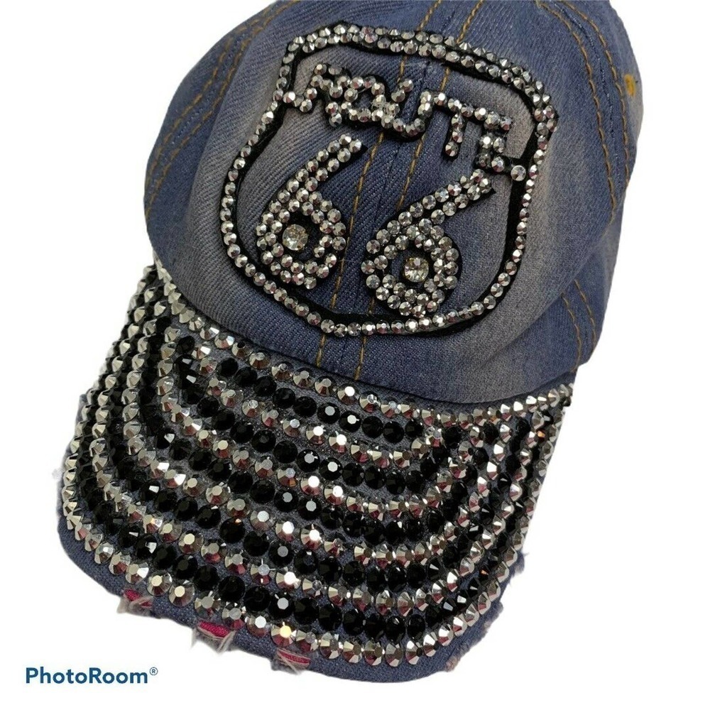 Nollia‎ Cotton Cap Hat Denim Embellished Cap Route 66 Sequins